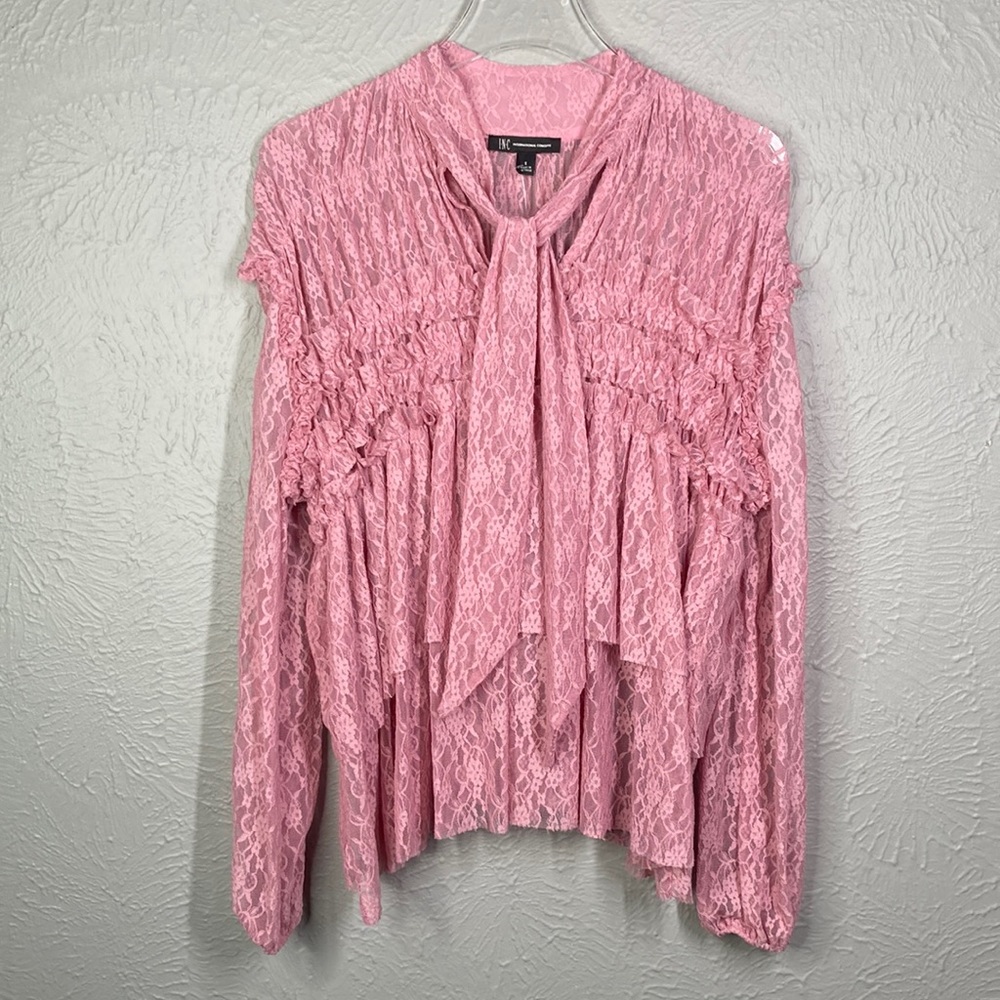 NWT Inc International Concepts Evening Mauve Sheer Ruffled Lace Blouse S… - Picture 2 of 9